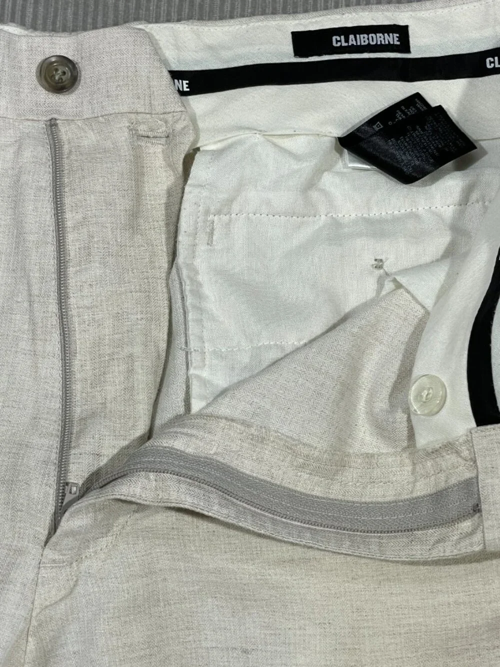 Vintage Claiborne Linen Blend Flat Front Beige Casual Resort Pants 35x27